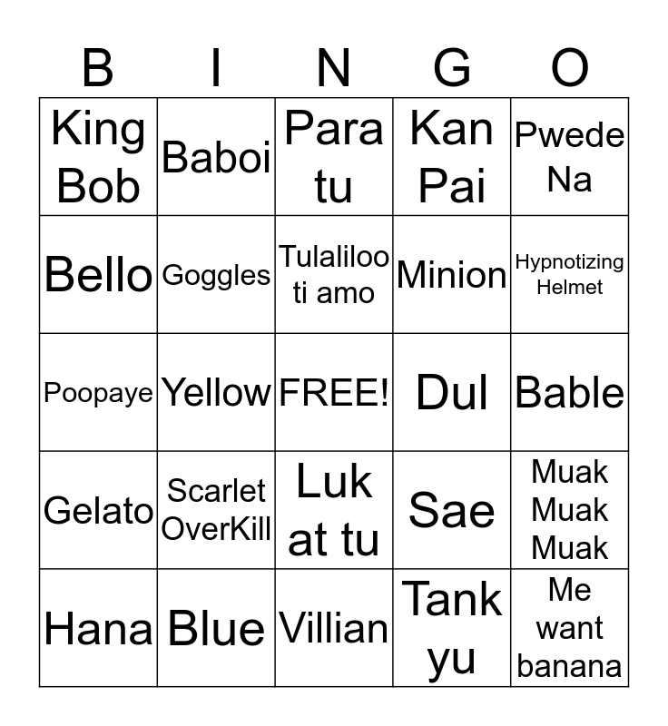 Minion Bingo Card