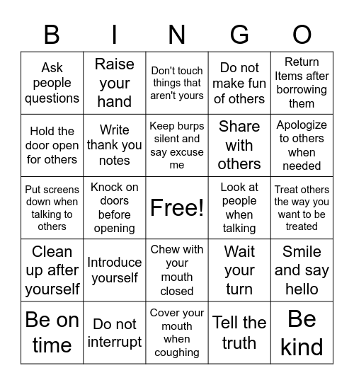 Manners Bingo Card