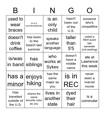 RAH Meet Your Team Bingo Card