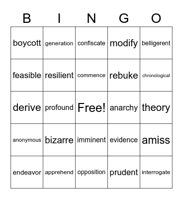 Vocabulary Bingo Card