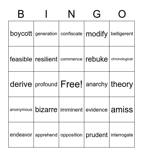 Vocabulary Bingo Card