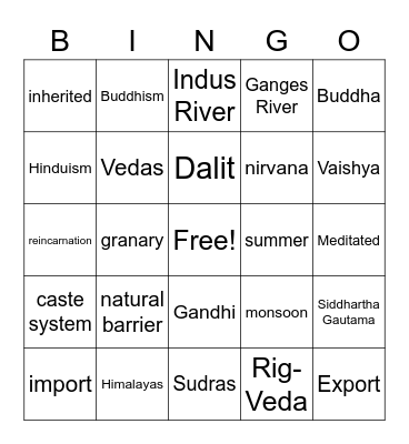 Ancient India Bingo Card