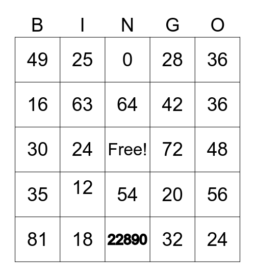 Multiplication Review Bingo Card