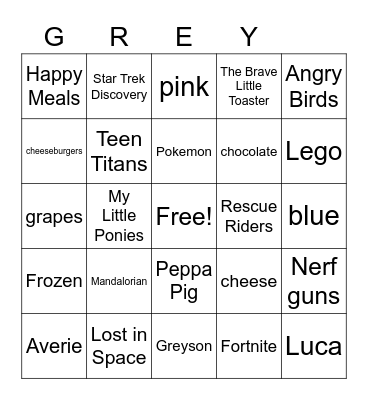 Greyson's Birthday Bingo Card