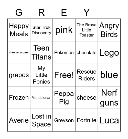 Greyson's Birthday Bingo Card