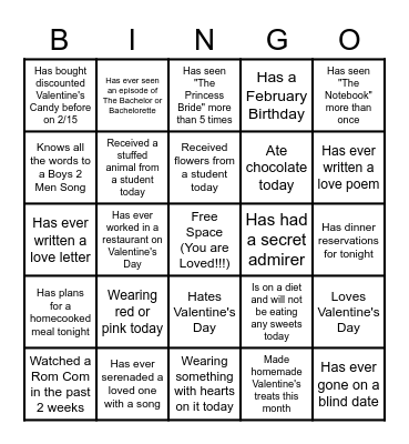 Valentine's Bingo Card