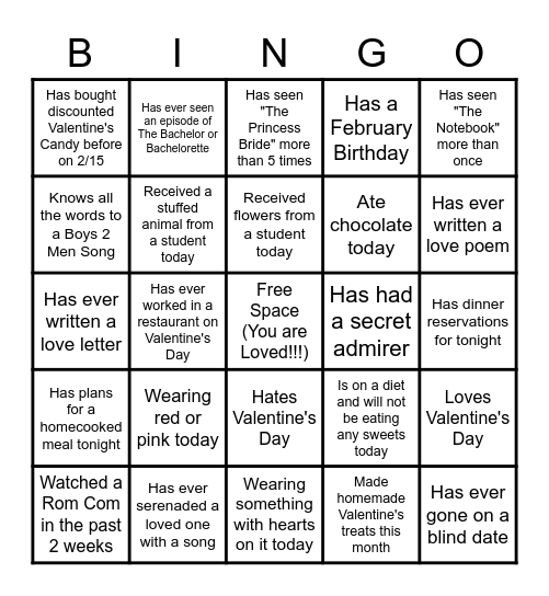 Valentine's Bingo Card