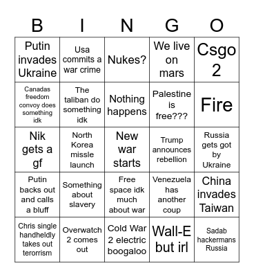 War games 2022 Bingo Card