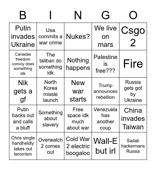 War games 2022 Bingo Card