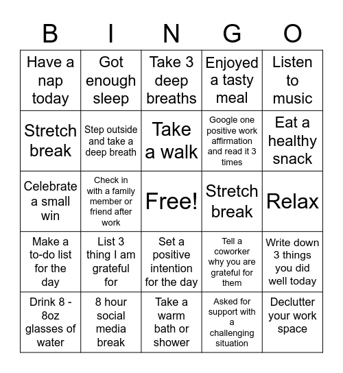 WELL BEING BINGO Card