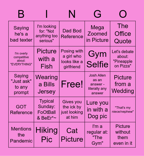 "You're Giving me the Ick" Bingo Card