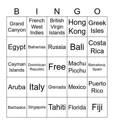 Vacation Destinations Bingo Card