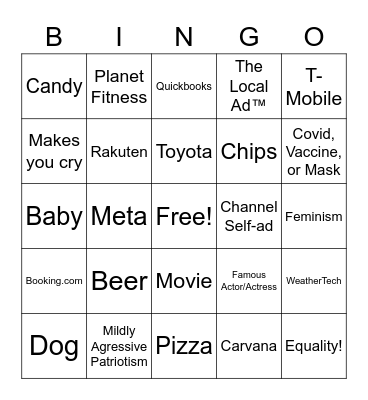 Super Bowl 2022 Commercial Bingo Card