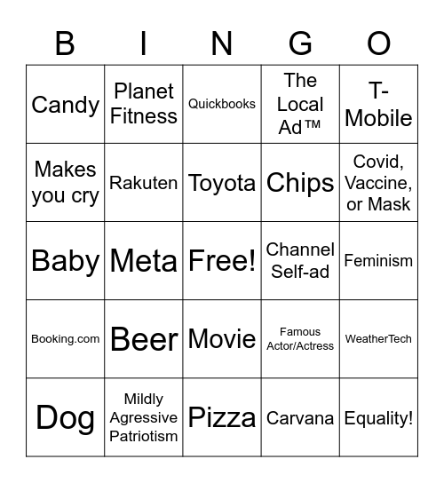 Super Bowl 2022 Commercial Bingo Card