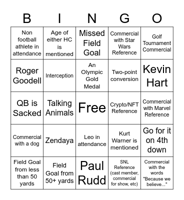 Carlanna Super Bow Bingo Card