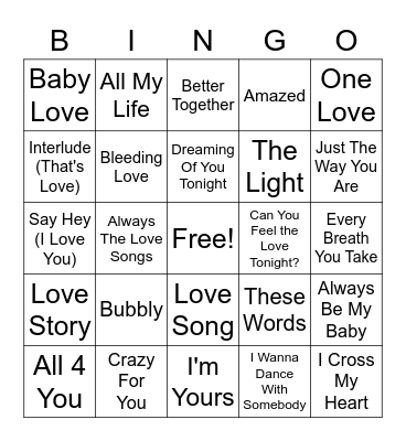 Love Song Bingo Card