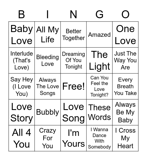 Love Song Bingo Card