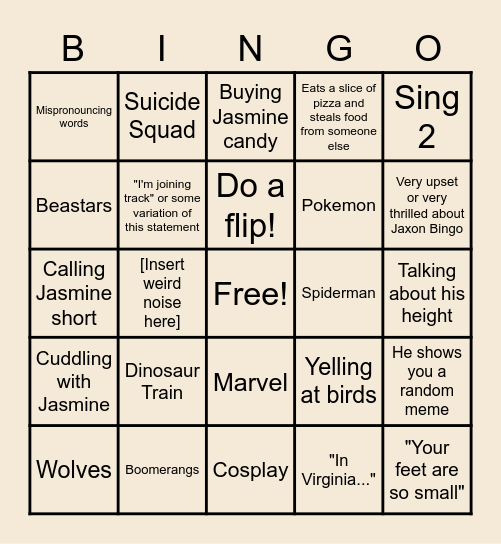 Jaxon Bingo Card