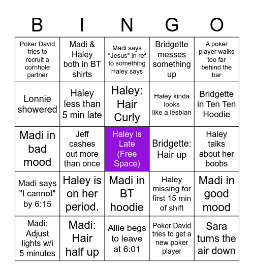 Bartender Bingo Card