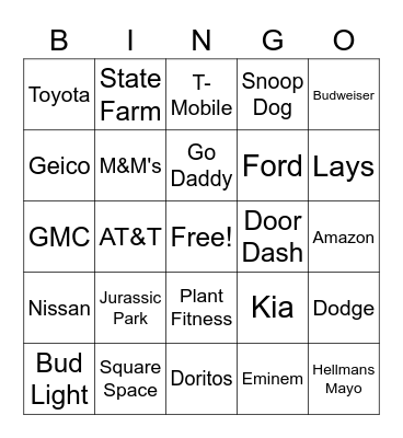 Superbowl Commercial Bingo Card