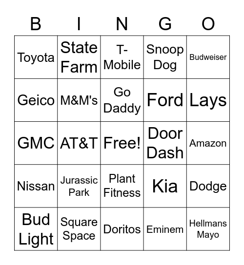 Superbowl Commercial Bingo Card