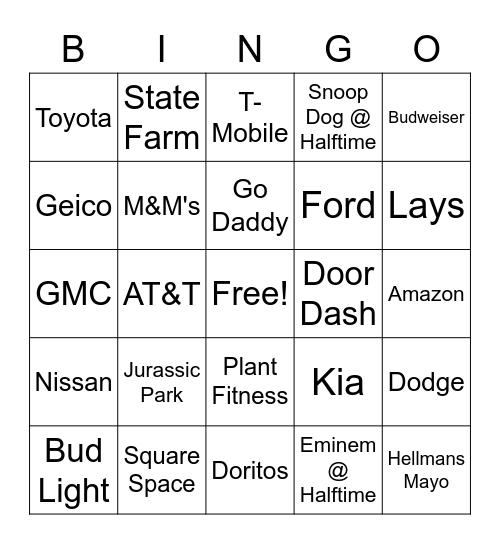 Superbowl Commercial Bingo Card