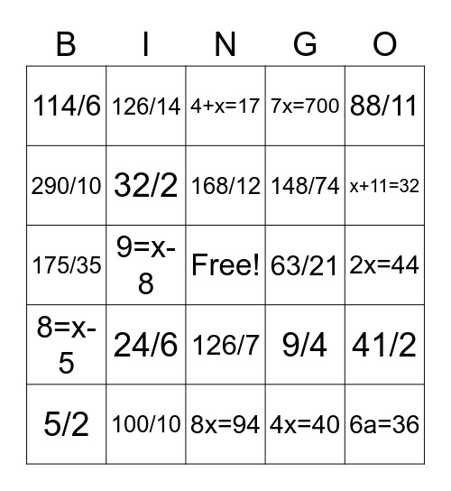 Unit Rate and Solving Equations Bingo Card