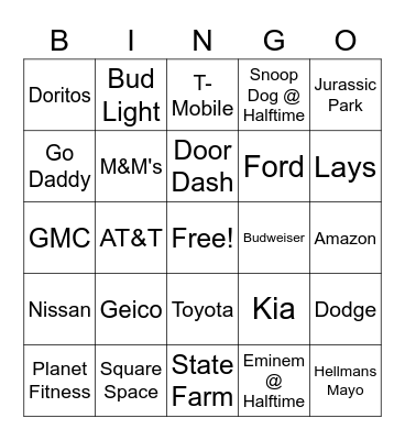 Superbowl Commercial Bingo Card