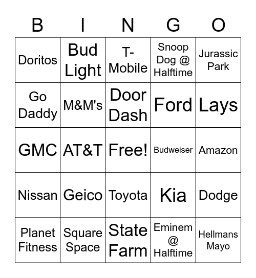 Superbowl Commercial Bingo Card