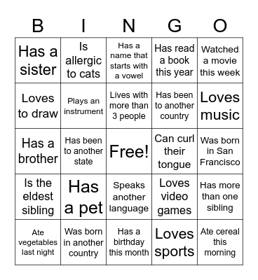 Getting to Know You Bingo Card