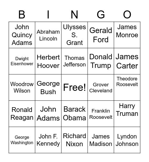 Celebrating our Presidents Bingo Card