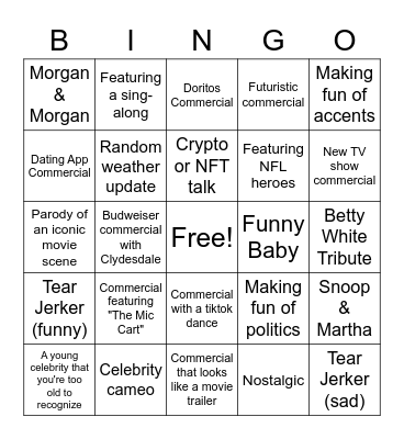 Pivot's Superbowl Commercial Bingo! Bingo Card