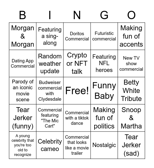 Pivot's Superbowl Commercial Bingo! Bingo Card