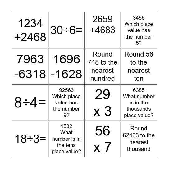 Level 4 Math Bingo Review Bingo Card