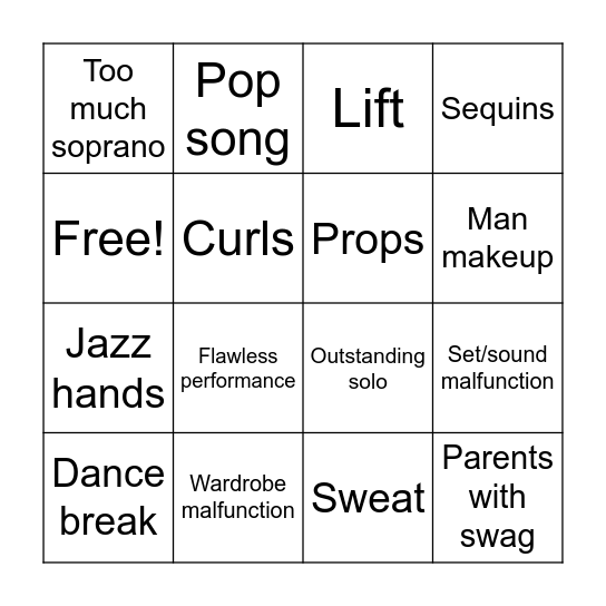 Showchoir Bingo Card