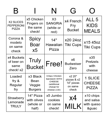 Bingo ya Chakula na Vinywaji Bingo Card