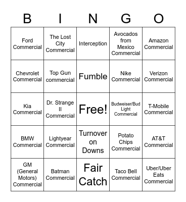 Superbowl Bingo Card