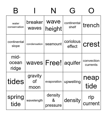 Water and Ocean Test Review Bingo Card