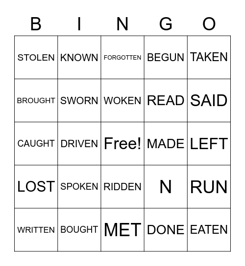 Past Participle Verbs Bingo Card