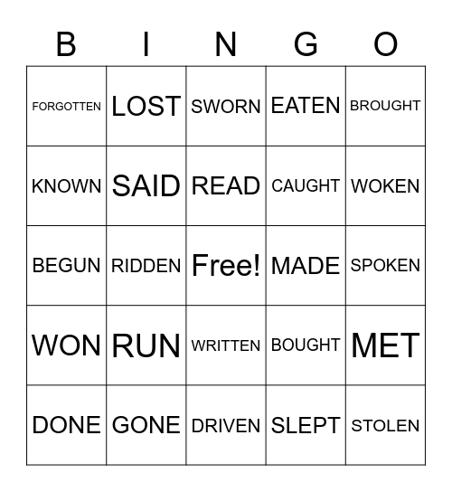 Past Participle Verbs Bingo Card