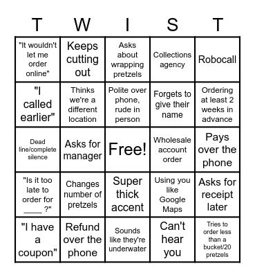 Pretzel Factory - Telephone Edition Bingo Card