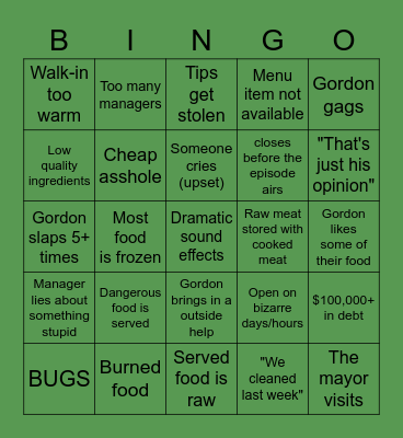 Kitchen Nightmares Bingo Card