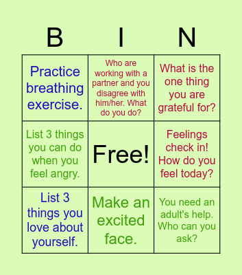 Socio-Emotional Bingo Card