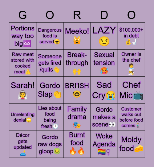 UK GORDO BINGO Card