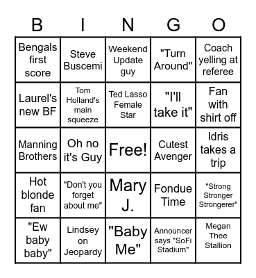 2022 Super Bowl Bingo Card