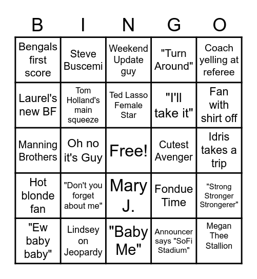 2022 Super Bowl Bingo Card