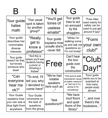 College Tour Bingo Card
