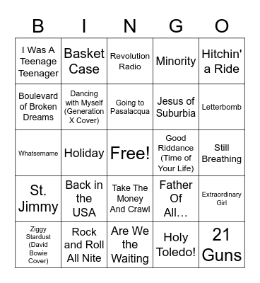 Green Day Setlist 2/12/22 Bingo Card