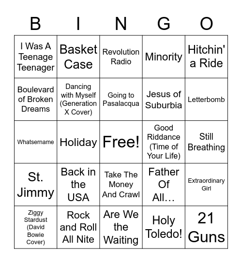 Green Day Setlist 2/12/22 Bingo Card