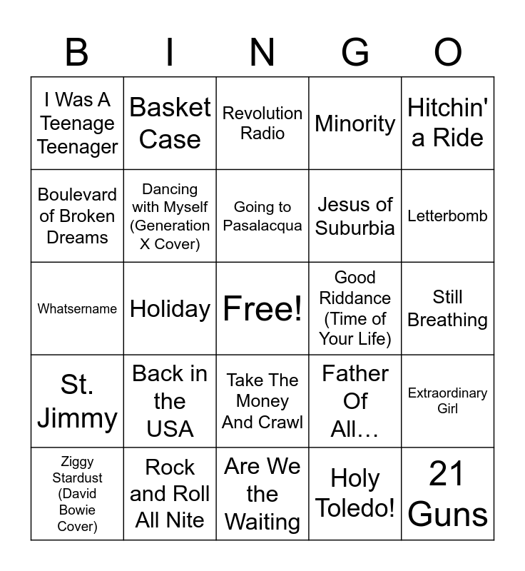 Green Day Setlist 2/12/22 Bingo Card